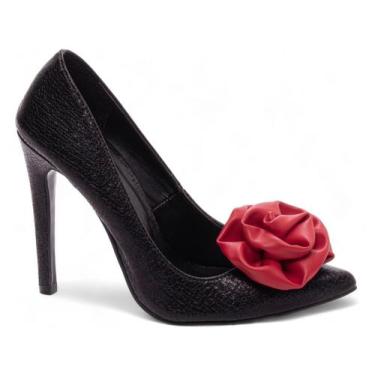 Imagem de Sapato Scarpin Salto Alto Stiletto Bico Fino Feminino 12 cm Rosa Preto