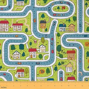 Imagem de Erosebridal Tecido de desenho animado carro estrada por quintal, estofamento de veículos de trânsito infantil fofo para cadeiras sofá, ruas, edifícios, árvores, decoração interna e externa, 1 jarda