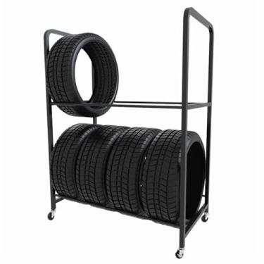 Imagem de Rack de armazenamento de pneus de garagem sobre rodas, suporte de exibição de pneu de inverno para piso ao ar livre/carrinho organizador, suporte universal de pneu para economia de espaço para casa