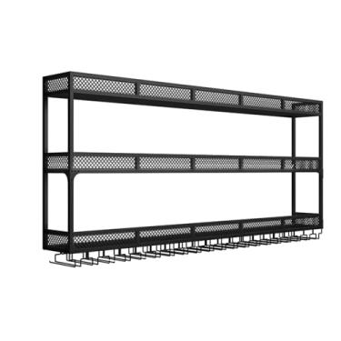 Imagem de Rack de vinho moderno montado na parede com luz LED barra de ferro prateleira de licor moderna metal pendurado garrafa de vinho e suporte de vidro bar prateleira de exibição de copos de vinho suporte