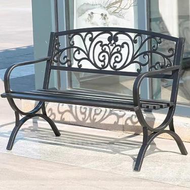 Imagem de Bancos de jardim para ambientes externos, banco de metal interno com encosto ergonômico, apoios de braços curvos, móveis de pátio, cadeira de namoradeira para 2 pessoas, ideal para varanda, quintal