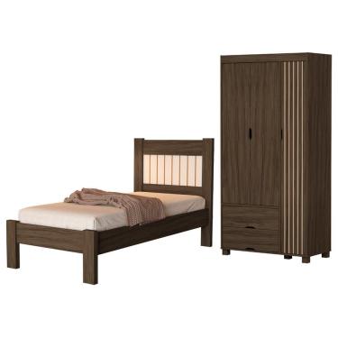 Imagem de Guarda Roupa Solteiro 3 Portas 2 Gavetas e Cama de Solteiro Bela Mdf 89cm Chocolate Off...