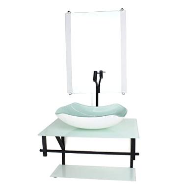 Imagem de GABINETE DE VIDRO PARA BANHEIRO 60CM AP CUBA ABAULADA BRANCO FULL COM TORNEIRA PRETA