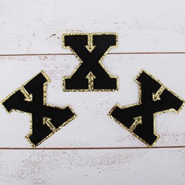 Imagem de Pacote com 3 adesivos universitários de chenille para passar a ferro com glitter - Tecido de chenille preto com acabamento dourado - Costurar ou passar a ferro - 8 cm de altura
