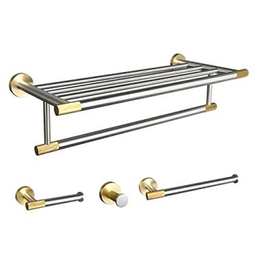 Imagem de Gancho de roupão de banho de ouro escovado Suporte de papel higiênico Suporte de barra de toalha Toalheiro Prateleira Toalheiro Acessórios de banheiro Conjunto de ferragens, conjunto de 4 peças