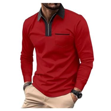 Imagem de Camisa polo masculina combinando com bolso frontal, gola alta, pulôver com meio zíper, Vermelho, M