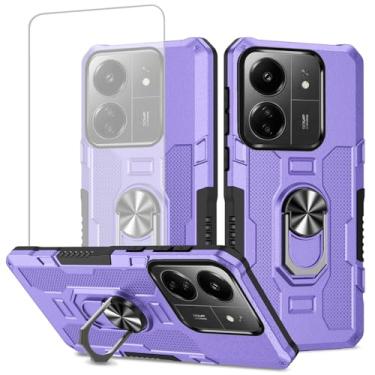 Imagem de Ueokeird Capa para Redmi 13C 4G, capa Poco C65 com protetor de tela de vidro temperado, proteção resistente com anel de metal suporte magnético capa de telefone para Xiaomi Redmi 13C roxo