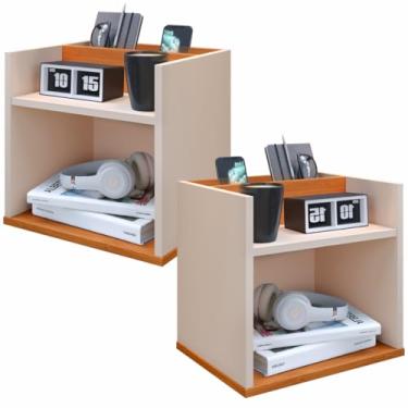 Imagem de Kit 2 Mesas de Cabeceira Suspensa De Parede Quarto Mesinha Apoio Lateral Cama Nicho Decoração Madri (Offwhite/Freijó)