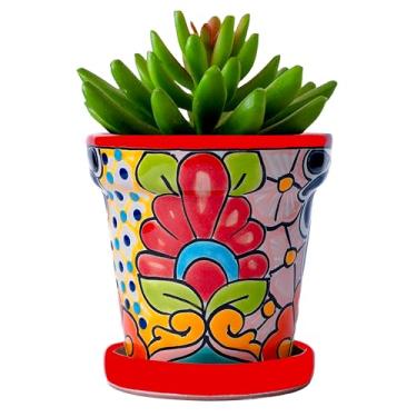 Imagem de COBAZUL Vasos de cerâmica mexicana - Talavera - Cerâmica de quintal mexicano - Vasos Talavera para plantas internas e externas com orifício de drenagem e pires - 10 cm L x 10 cm A (vermelho-pequeno)