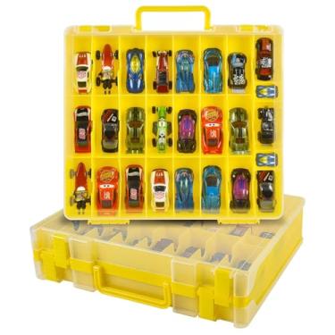 Imagem de Caixa organizadora de armazenamento de carro de brinquedo compatível com Hot Wheels/para carros Matchbox. Suporte de contêiner de transporte para exibição para bonecas LOL Surprise/para Shopkins com 48 compartimentos, dois lados, amarelo (apenas caixa)