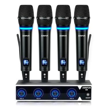 Imagem de ZERFUN Sistema de microfone sem fio recarregável profissional de 4 canais, microfones sem fio de metal UHF, microfones sem fio com controle VOL, frequência ajustável de 4 x 50 para igreja de karaokê