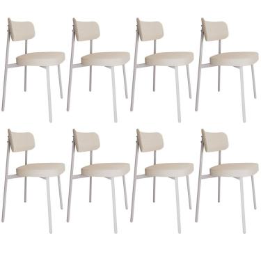 Imagem de Kit 08 Cadeiras Estofada Para Sala De Jantar Astrid Branco C01 Linho Palha - Lyam Decor