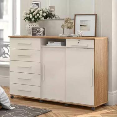 Imagem de Cômoda Max 6 Gavetas e 1 Com Espelho 2 Portas De Correr 2 Prateleiras Off White - Fabrica 1 Móveis