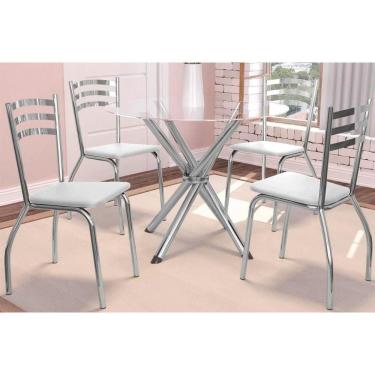 Imagem de Sala De Jantar Completa Volga Tampo De Vidro 95cm E 4 Cadeiras Portugal Cromada Branco Kappesberg