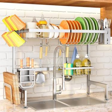 Imagem de Escorredor de louça sobre a pia - escorredor de pratos ajustável para balcão de cozinha, metal (prata)