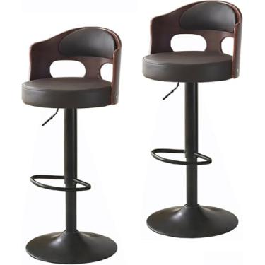 Imagem de Bancos De Bar De Metal De Design Artístico, Encosto De Madeira Maciça Envolvida, Banco Giratório De Assento De Couro, Bancos De Ilha De Cozinha Elevatórios Para Sala De, Brown, Cowhide 2pcs