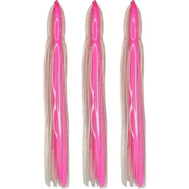 Imagem de Saias de lula de 21,6 cm iscas de pesca iscas de polvo Hoochie para água doce e salgada (3 saias) (transparente com listras rosa choque)