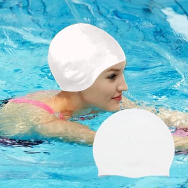 Imagem de Touca de natação feminina adulta, unissex para adultos, touca de natação de silicone à prova d'água, durável e antiderrapante (branca)