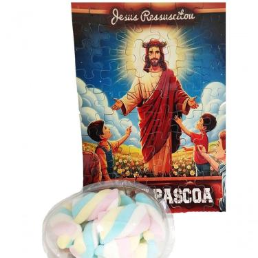 Imagem de Presente De Páscoa Chocolates E Guloseimas + Quebra-cabeça Infantil Jesus Vive De 60 Peças