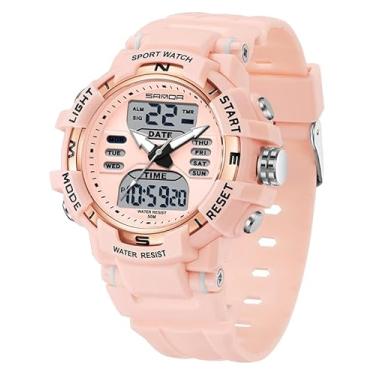Imagem de FANMIS Relógios esportivos femininos, casual, analógico, digital, analógico, com alarme, LED, cronômetro luminoso, contagem regressiva, relógio de pulso militar tático à prova d'água ao ar livre, rosa