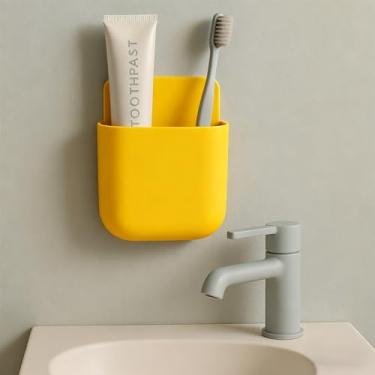 Imagem de Suporte de controle remoto montado na parede, caixa de armazenamento autoadesiva para parede ao lado de telefones de mesa, pequenos itens, porta-canetas, organizador (amarelo)