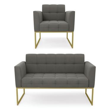 Imagem de Kit 1 Sofá Namoradeira E 1 Poltrona Suede Base Metálica Industrial Dourado - D\'rossi Cor Grafite