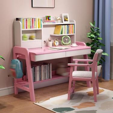 Imagem de Mesa infantil com prateleiras e armazenamento com pernas, mesa de estudo com gaiola e gaveta para quarto, mesa infantil ajustável em altura para todas as crianças com gaiola e 2 gavetas rosa 120 cm