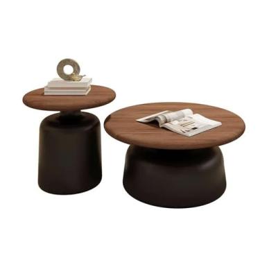 Imagem de HGTRH Mesa de centro redonda, conjunto de 2 mesas de nidificação com acabamento de madeira em estilo creme, mesa de cabeceira lateral de sofá para quarto, base de aço carbono, conjunto preto de