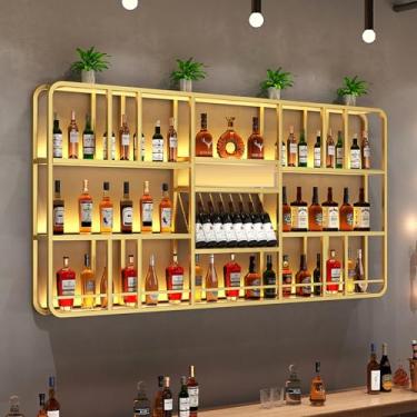 Imagem de HGTRH Garrafa vinho parede industrial, prateleira para garrafas de parede de vinho, suporte flutuante para copos de vinho com suporte de vidro para bares, sala de jantar e cozinha, com luz LED