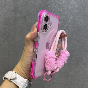 Imagem de HTVJFX Capa protetora para iPhone 13 ProMax, transparente, com alça de pulso, à prova de choque e airbag (para iPhone 13 ProMax/rosa)