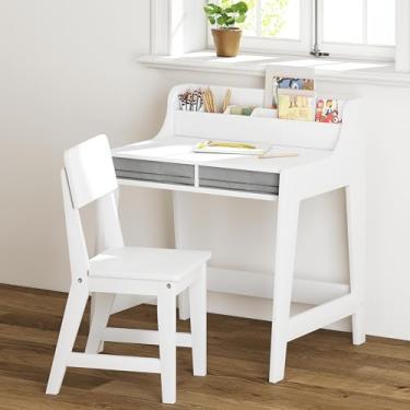 Imagem de UTEX Conjunto de mesa e cadeira infantil, mesa de estudo para crianças com caixas de armazenamento, mesa de estudo infantil de madeira, escrivaninha para quarto e sala de estudo