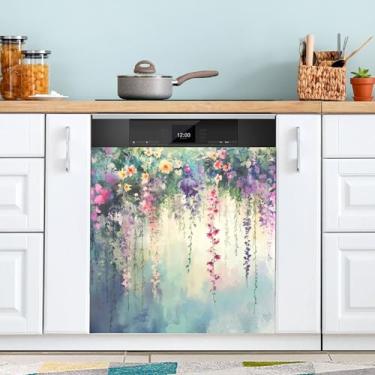 Imagem de SEHANY Capa magnética colorida com flores de jardim Monet para máquina de lavar louça, adesivos magnéticos decorativos antiarranhões para painel de geladeira e lava-louças, decoração de flores de