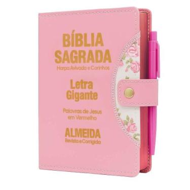 Imagem de Bíblia Sagrada Letra Gigante - Rosa - Botão e Caneta Revista e Corrigi