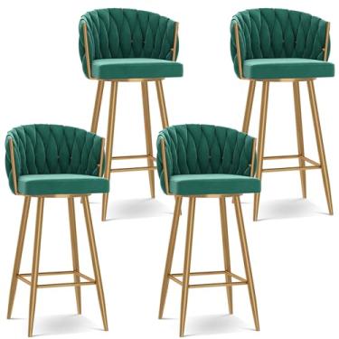 Imagem de Banquetas de bar giratórias modernas de 360°, cadeiras de cozinha estofadas de altura de bar com pernas de aço e apoio para os pés, perna dourada verde, 4 peças