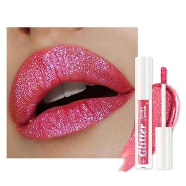 Imagem de Batom laranja rosa metálico para mulheres, batons líquidos brilhantes com purpurina, brilho labial brilhante, longa duração, à prova d'água, à prova de manchas, não seca, cobertura total 24 horas