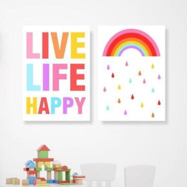 Imagem de Kit 2 Quadros Live Life Happy 60X40Cm Moldura Branca - Quadros On-Line