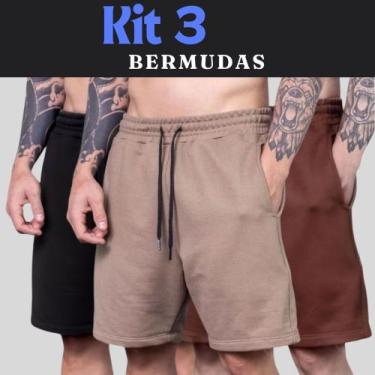 Imagem de Kit 3 Bermudas Moletom Academia Treino Masculinas Algodão 2 Bolsos Alg