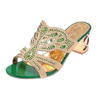 Imagem de Chinelos femininos de strass para mulheres moda sapatos de dedo aberto salto boêmio meias femininas chinelos com aderência (verde, 39)