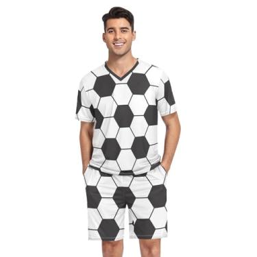 Imagem de KLL Conjunto de pijama masculino com estampa de futebol preto e branco, 2 peças, pijama de manga curta com bolsos, Padrão de futebol preto e branco, X-Large