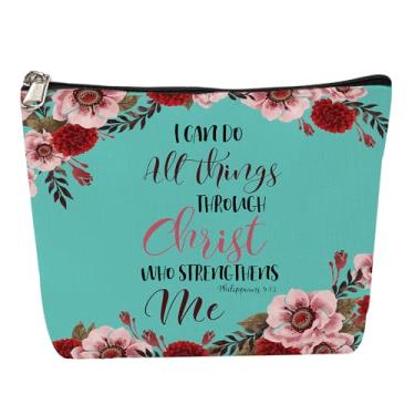 Imagem de WIRESTER Bolsa de maquiagem com zíper 25 x 20 cm, bolsa de cosméticos, estojo organizador para mulheres e meninas, bolsa de cosméticos de viagem multiuso, Versículos da Bíblia Cristã Filipenses 4:13