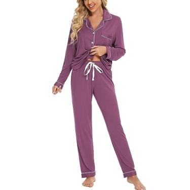 Imagem de Leikar Conjunto de pijama feminino de botão de manga comprida e calça de pijama macio P-2GG, roxo, médio