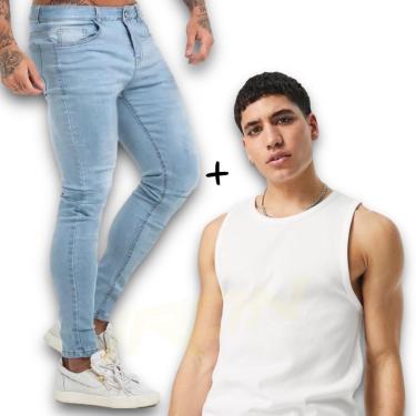 Imagem de Kit Calça Jeans Skinny + Camiseta Regata Algodão Masculina Casual 462-Masculino