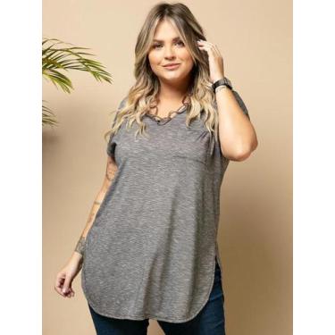 Imagem de Blusa Feminina Alongada Maxi Tee Flamê Soltinha Decote V - Quintess