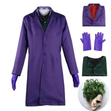 Imagem de Adult Mens Knight Clown Mask with Green Hair Costume Set Vest Outfit Suit Overcoat Set Halloween Fancy Dress Up Purple (A Whole Set, XX-Large)