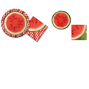 Imagem de Conjunto de pratos e guardanapos de papel xadrez melancia - 8 pratos de jantar e 8 pratos de sobremesa, 18 guardanapos de almoço e 18 guardanapos de bebida