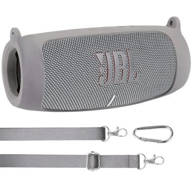 Imagem de Capa de silicone para alto-falante Bluetooth à prova d'água Charge 5, capa de viagem de silicone portátil com mosquetão, capa protetora (capa cinza) - co2CREA