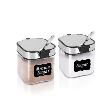 Imagem de Aelga Açucareiro de vidro com tampa e colher, recipiente de açúcar de 250 ml, tampa flip de aço inoxidável, recipiente de sal para cozinha, acessórios de barra de cofre, bancada, pacote com 2