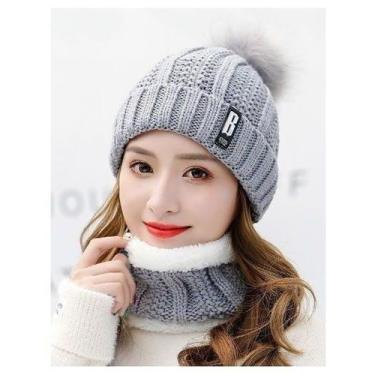 Imagem de Kit Touca Gorro PomPom Cachecol Gola Forrada Lã Inverno Frio - Modas F