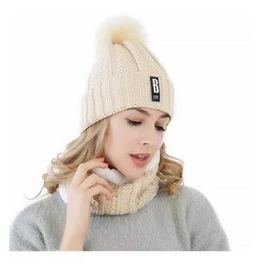 Imagem de Kit Touca Gorro PomPom Cachecol Gola Forrada Lã Inverno Frio - Modas F