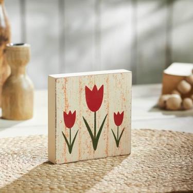 Imagem de VHC Brands Placa de bloco MDF branco envelhecido tulipas vermelhas primavera em flor 12 x 12 cm